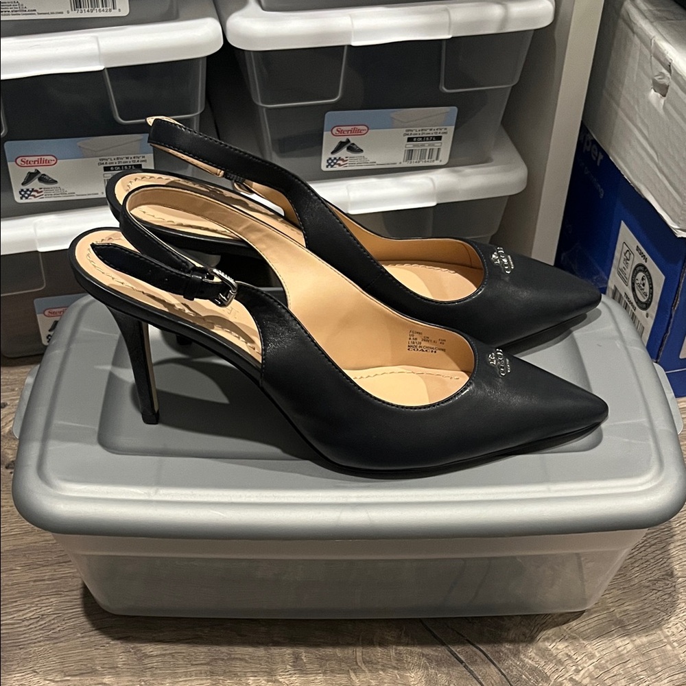 Coach Leather Pointed Toe Slingback Heels - Dark Blue - Picture 3 of 4